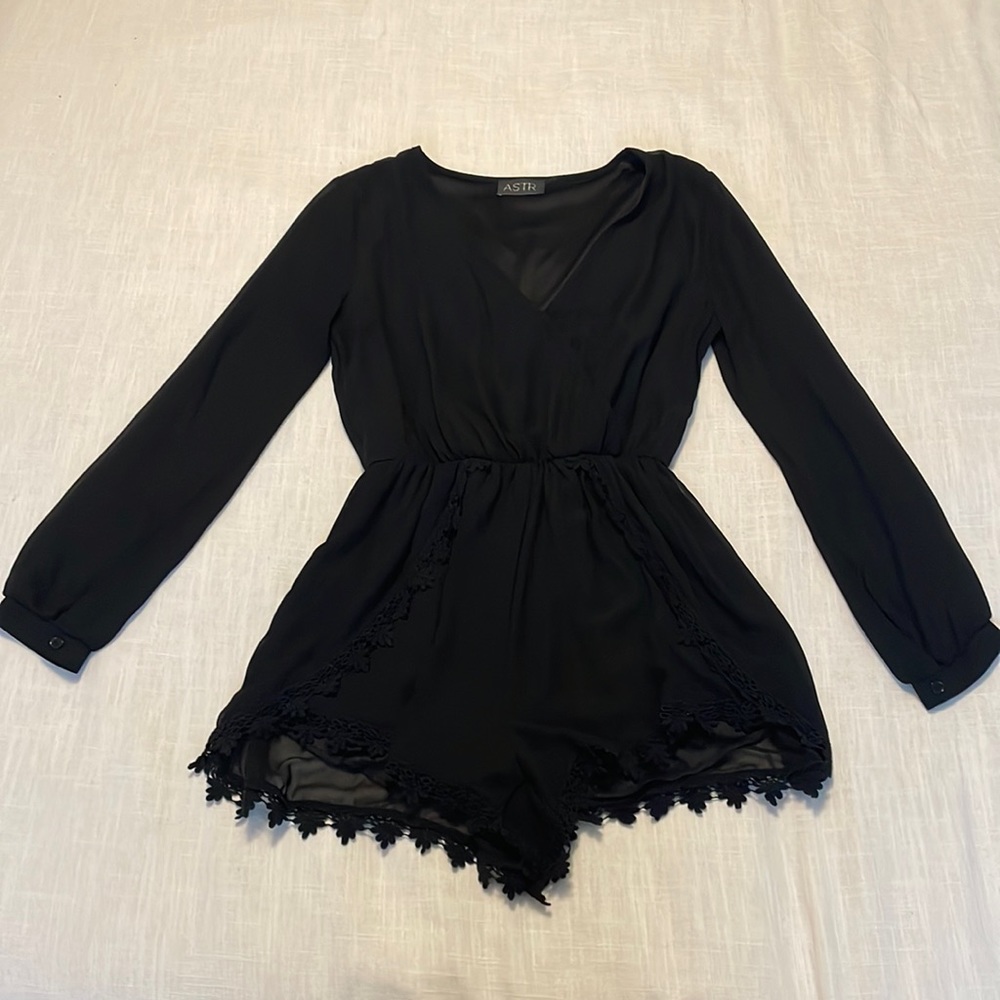 NWOT Astr Black Long Sleeve Romper with Lace Detail & Sheer Sleeves